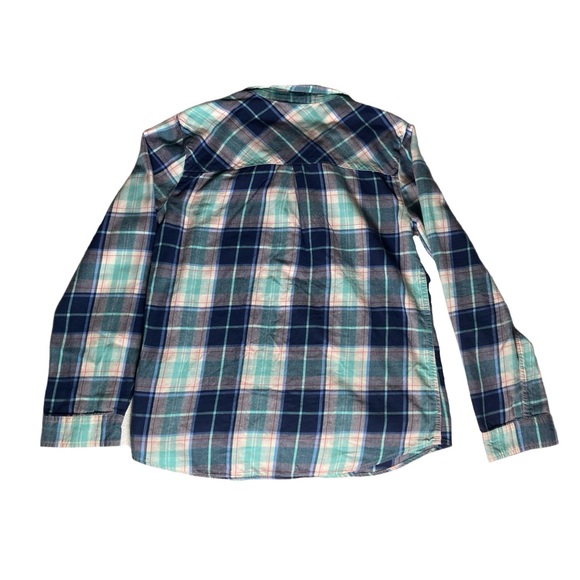 So Brand Women's Flannel Button-Up Shirt Size Medium Turquoise Blue White Plaid - Picture 2 of 7